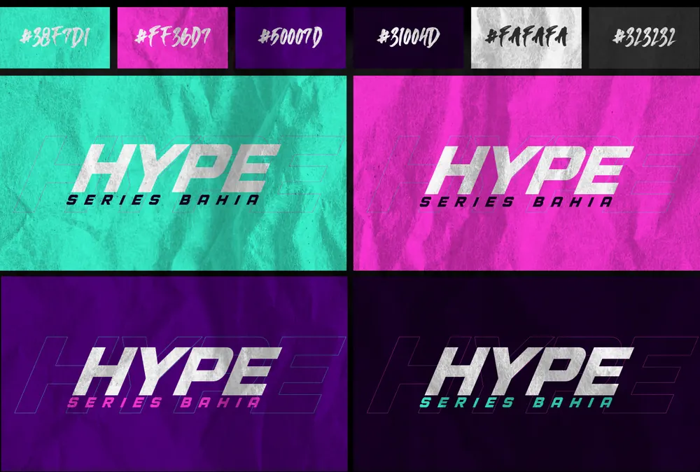 Paleta do Hype Series com os códigos hexadecimais e o logo aplicado em quatro fundos