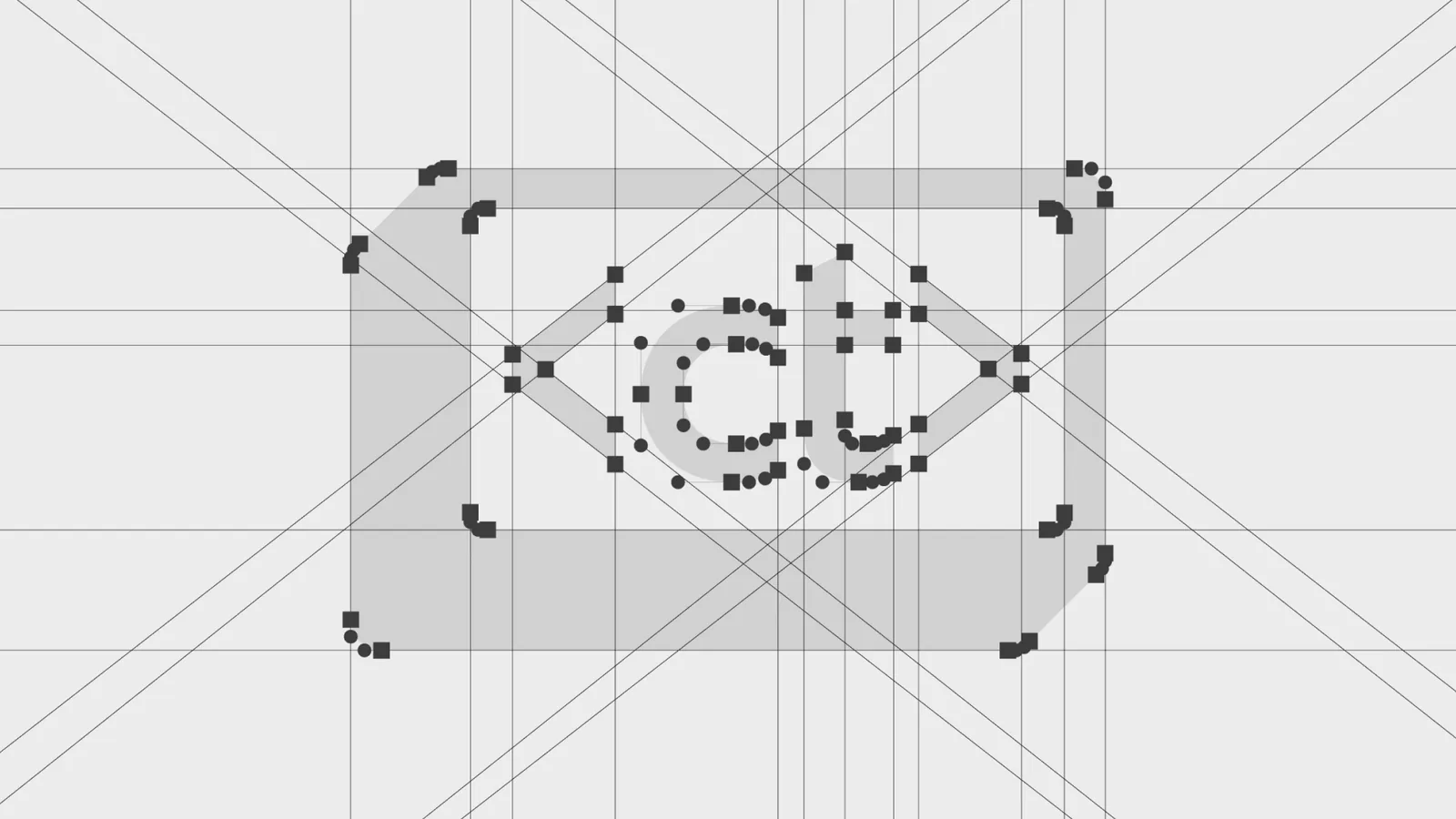 Grid de construção do símbolo da Citiesoft, com nós, diagonais e eixos de alinhamento