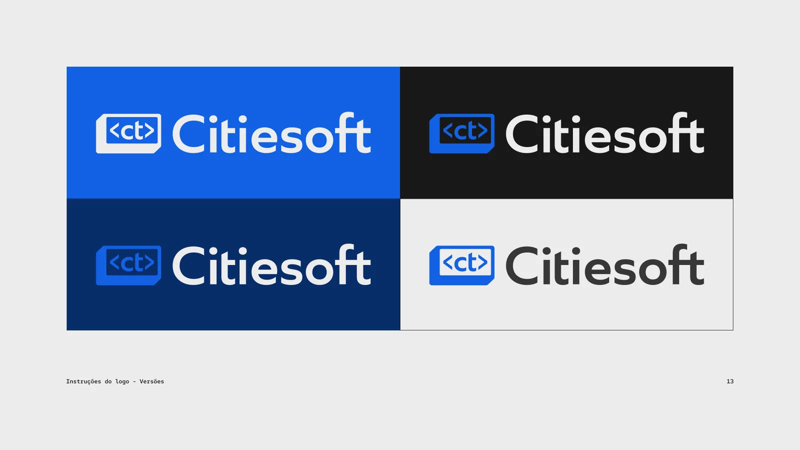 Logotipo horizontal da Citiesoft aplicado em quatro fundos, com as versões positiva e negativa