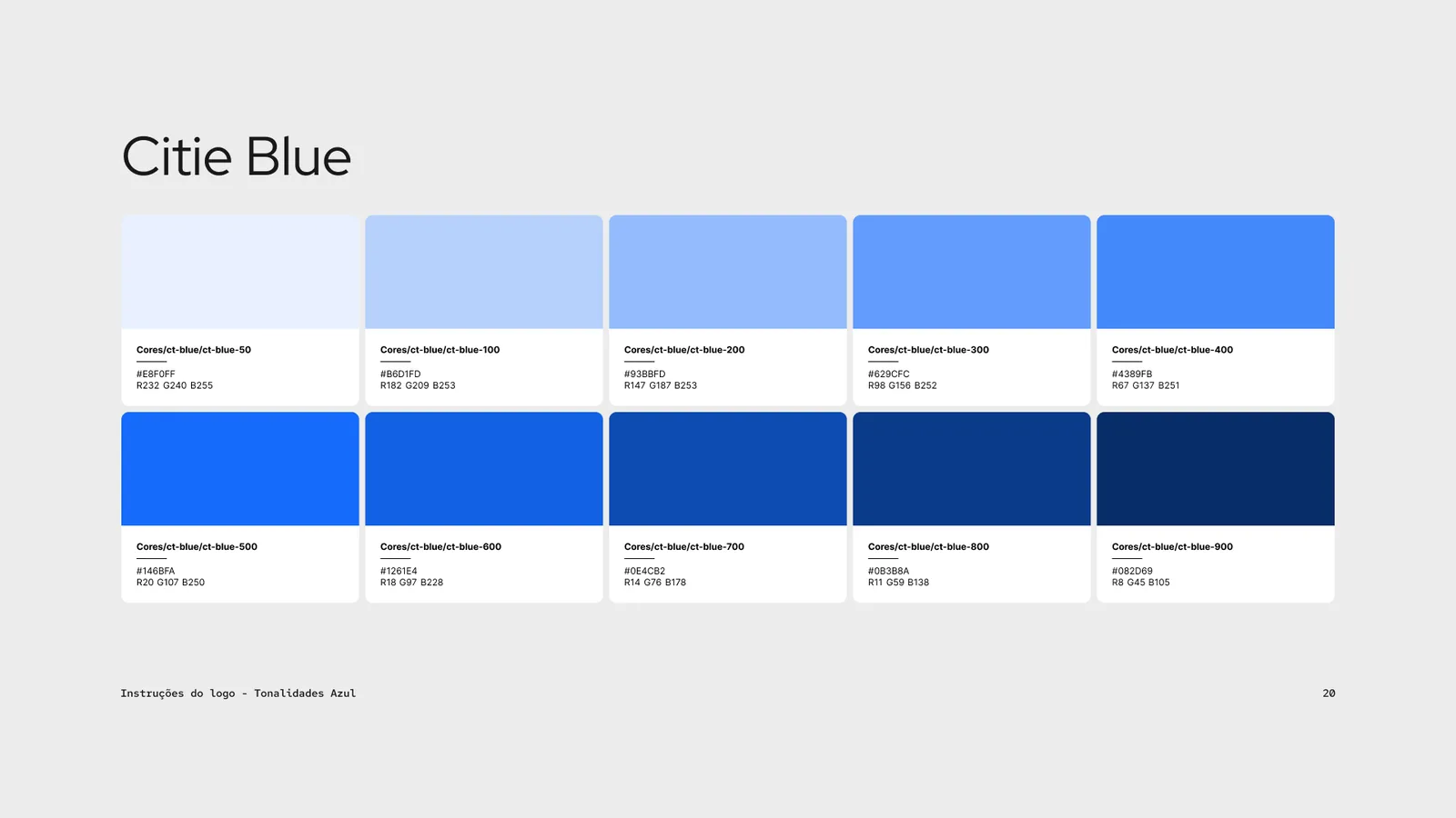 Rampa de azul da Citiesoft em dez degraus, com hexadecimal, RGB e nome de token em cada um