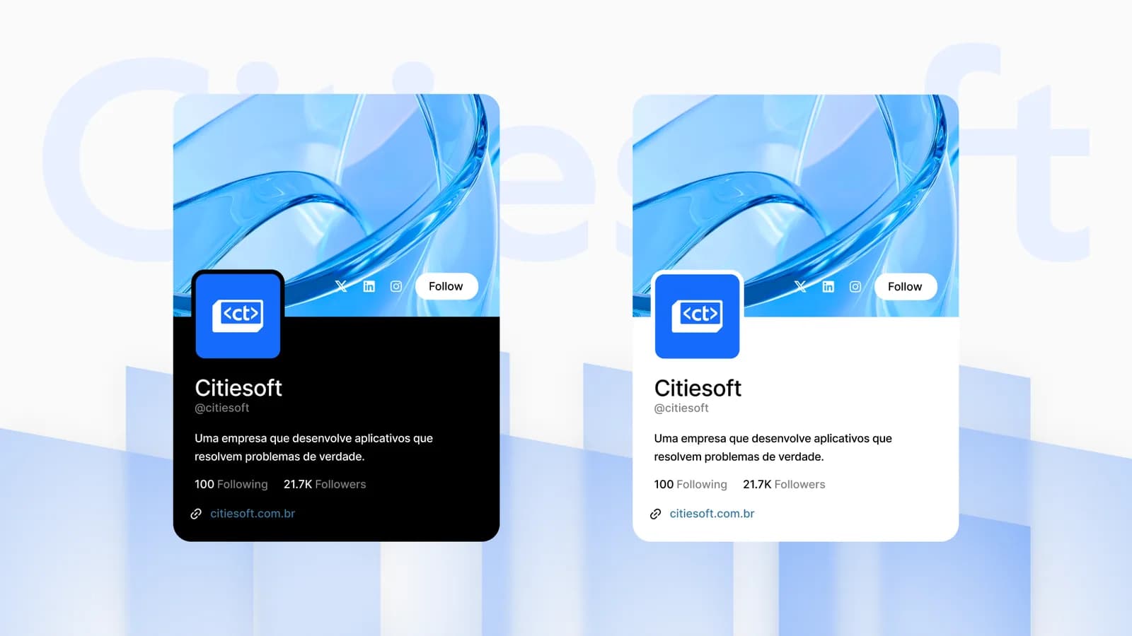 Cartões de perfil social da Citiesoft em tema claro e escuro, com o símbolo usado como avatar