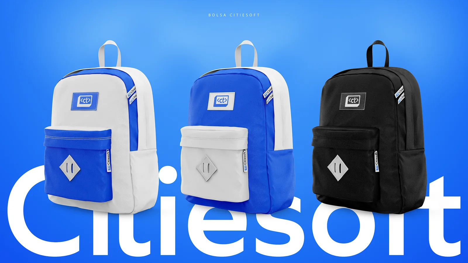 Três mochilas da Citiesoft em branco, azul e preto recortadas contra o logotipo em corpo gigante