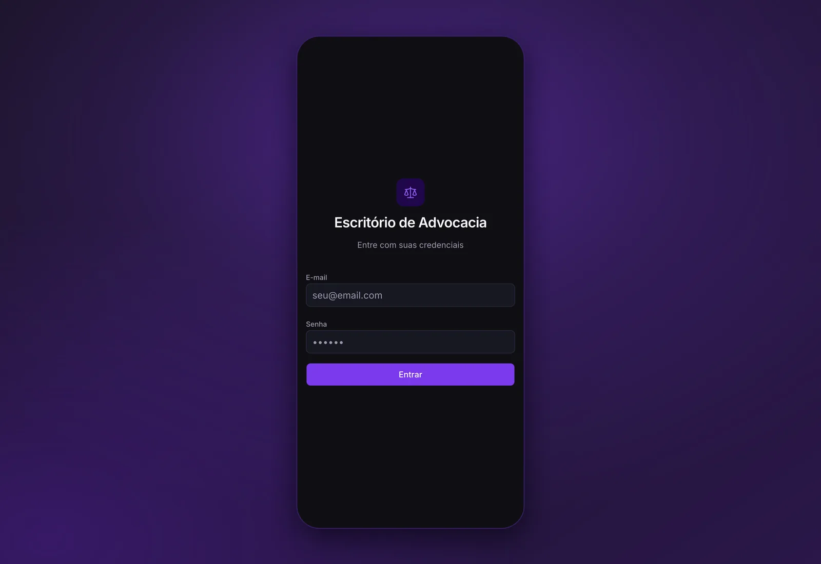 Tela de login do sistema do escritório em celular, sobre gradiente violeta escuro