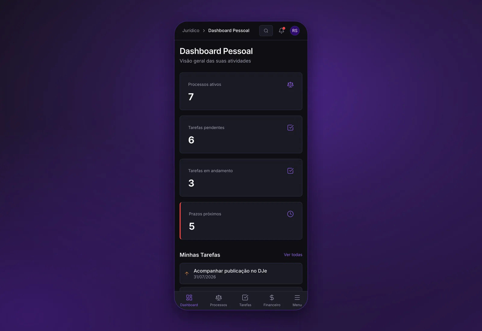 Dashboard pessoal do escritório em celular, com indicadores empilhados, tarefas e a barra inferior de navegação