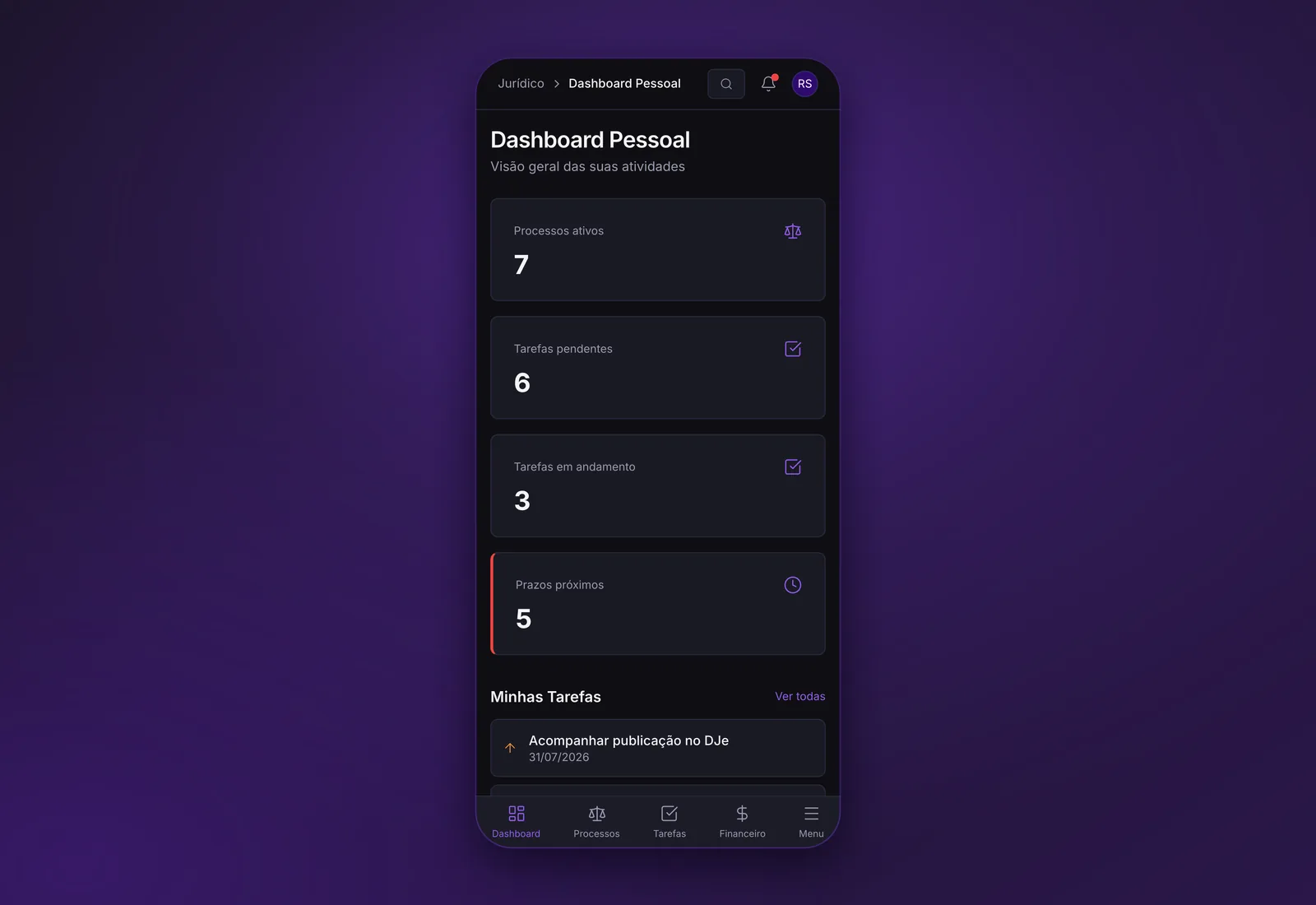 Dashboard do sistema do escritório em celular sobre gradiente violeta