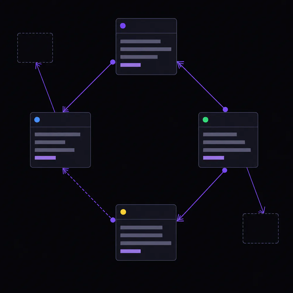 Modelo abstrato de objetos conectados com quatro entidades principais em circuito, dois satélites opcionais e notação de cardinalidade