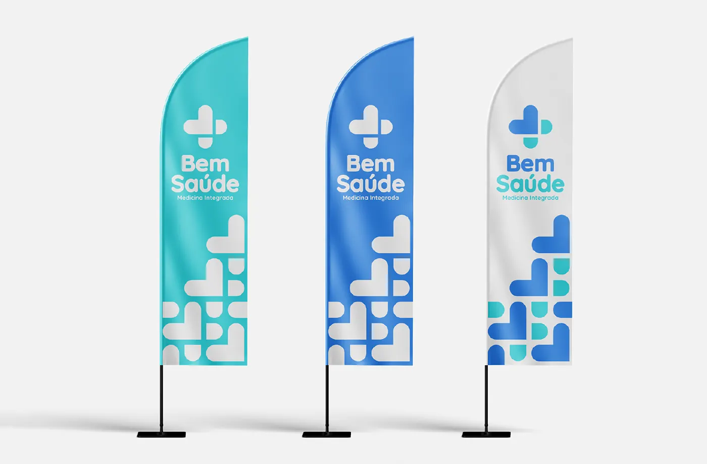 Wind banners da Bem Saúde com o padrão gráfico da marca