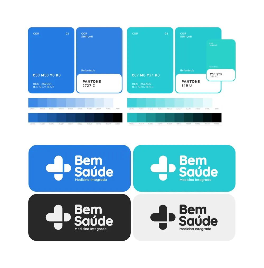Paleta da Bem Saúde com referências Pantone e o logo aplicado em quatro fundos