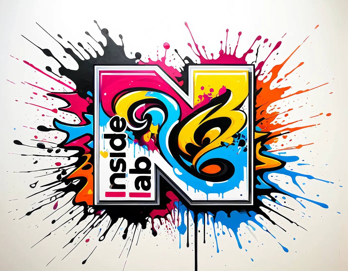 Logo do Inside Lab sobre respingo de tinta colorida