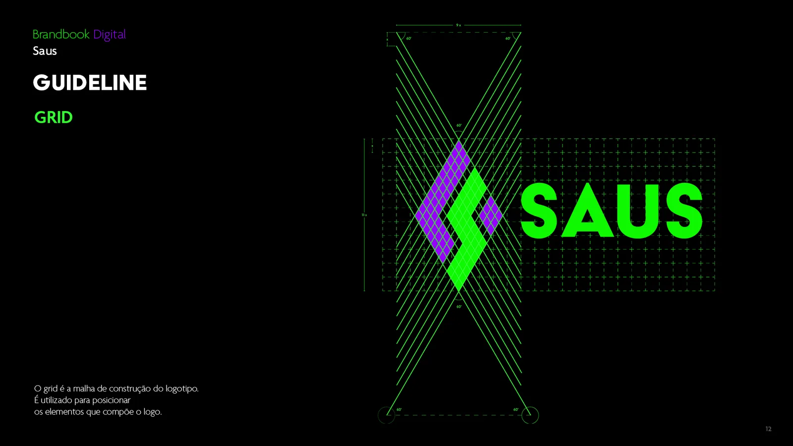 Malha de construção do logotipo do Saus com eixos a 60 graus