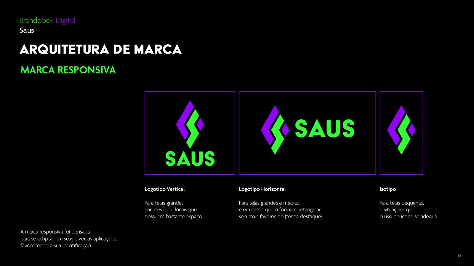 As três versões responsivas da marca Saus: vertical, horizontal e isótipo