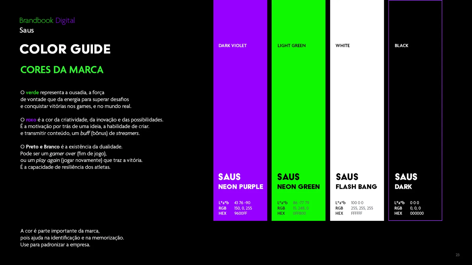Paleta do Saus em blocos verticais: Neon Purple, Neon Green, Flash Bang e Dark, com valores Lab, RGB e hexadecimal