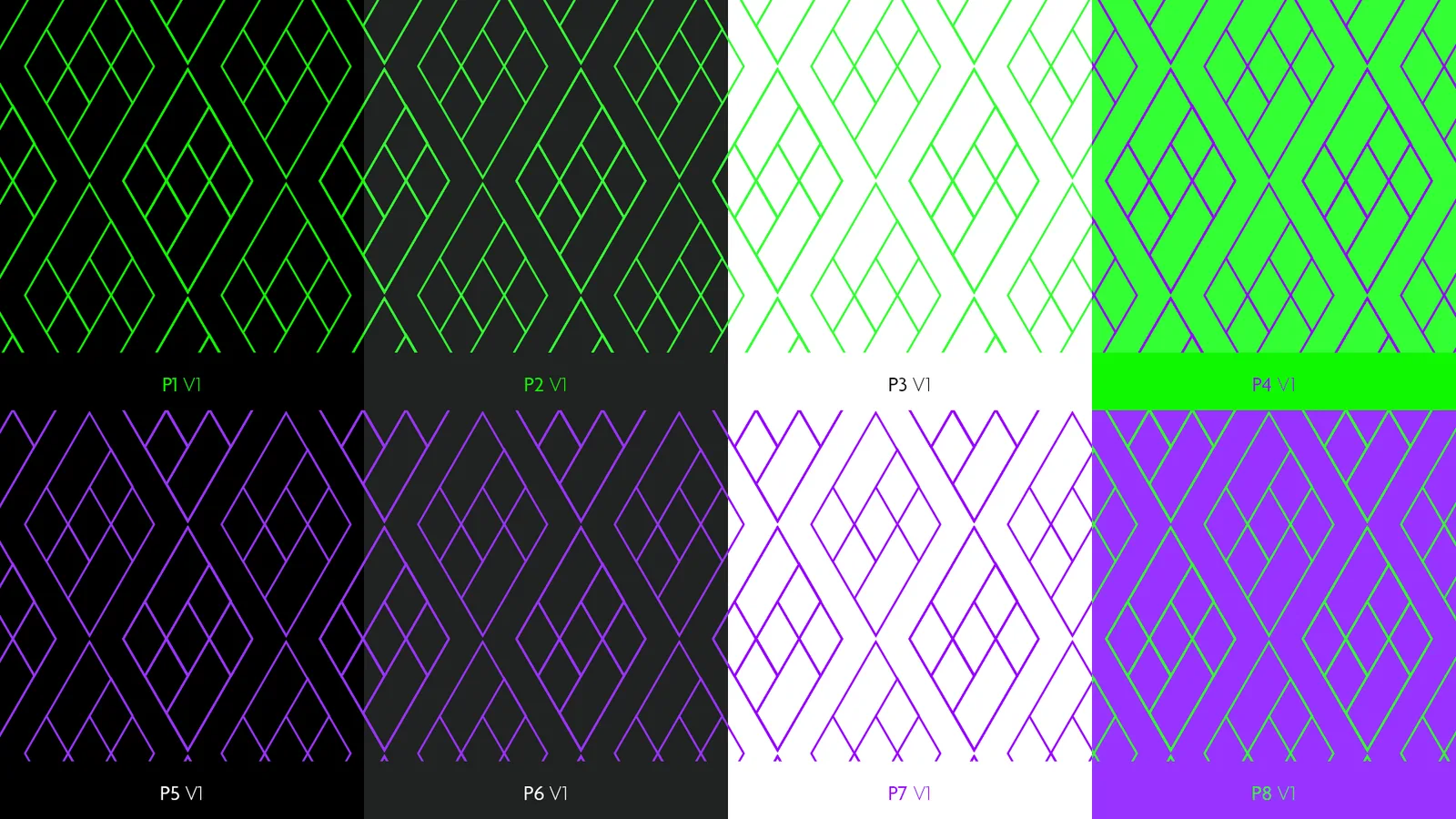 Oito variações do pattern geométrico do Saus em fundos escuro, branco, verde e roxo