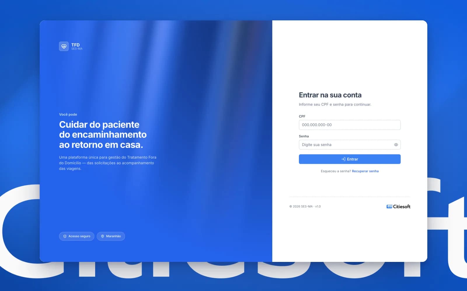 Tela de login do TFD sobre o fundo azul da marca Citiesoft
